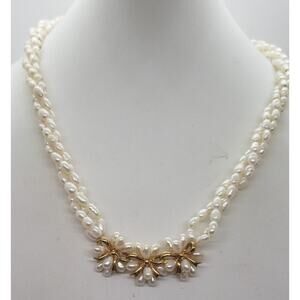 Vintage genuine Freshwater Pearl Triple Strand Necklace Gold Tone Bows Accent